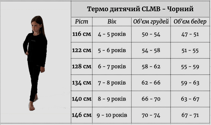 Термобелье для детей Columbia Размерная сетка